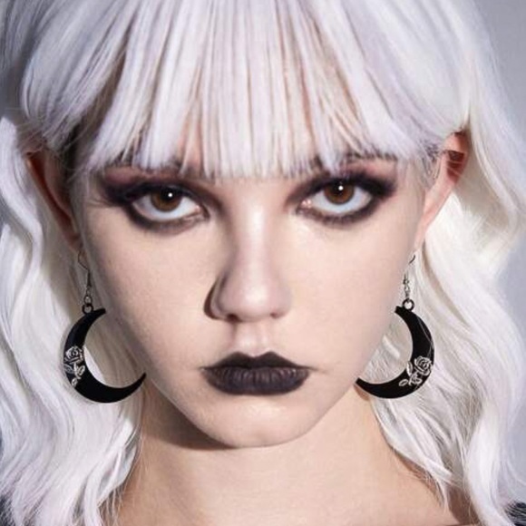 Any 3/$25! Black Crescent Moon w/Antiqued Rose Drop Earrings - Picture 4 of 9